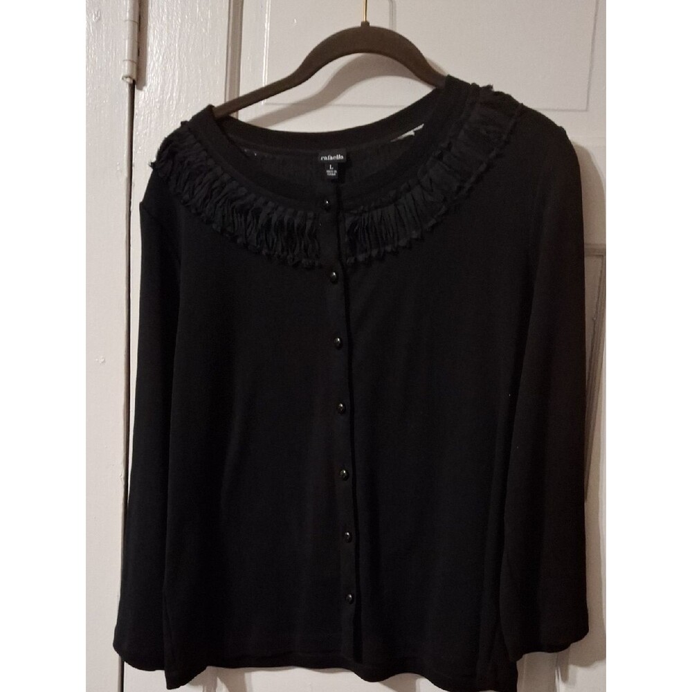 Rafaella Black Fringe-Trim Button-Front Top (Mis225)